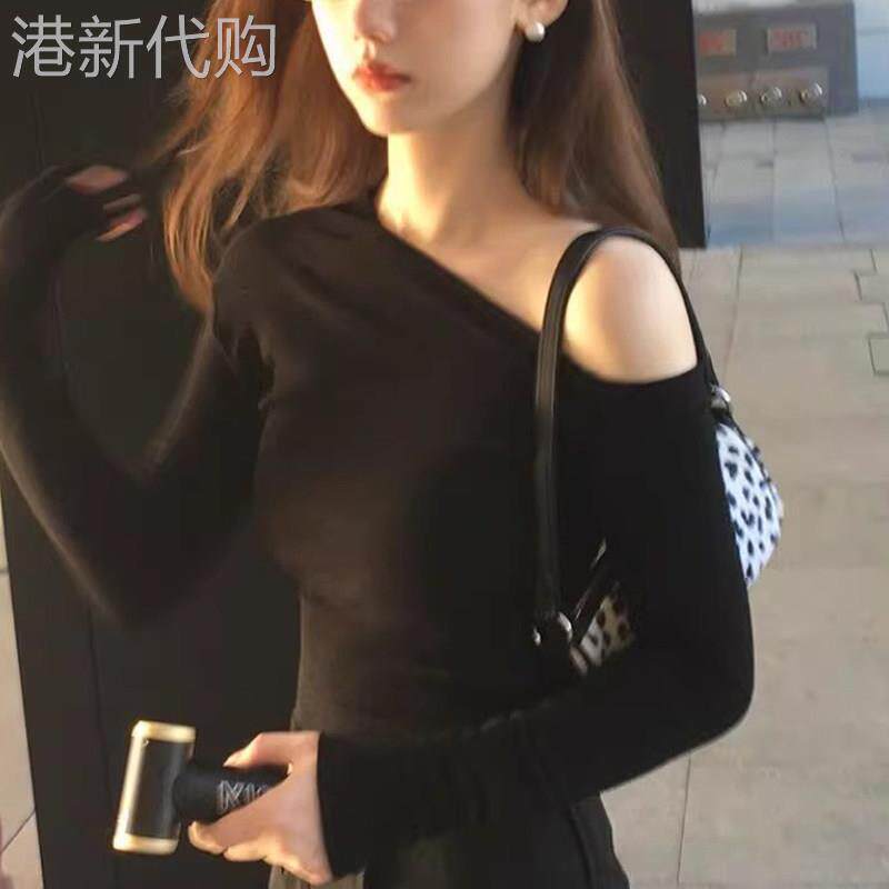 辣妹黑色一字露肩斜肩长袖t恤女春秋2026欧货修身显瘦纯欲风上衣
