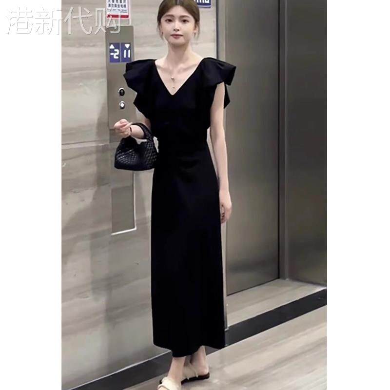 黑色小飞袖V领连衣裙女夏季新款欧货海边度假垂坠感收腰显瘦长裙