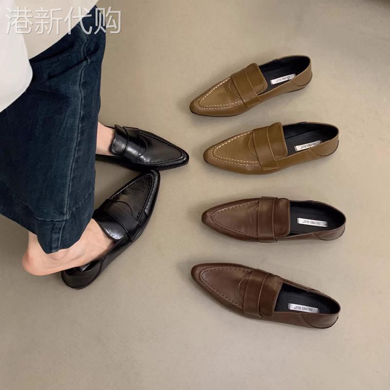 香港黑色小皮鞋女英伦风法式晚晚休闲通勤平底一脚蹬乐福尖头包鞋