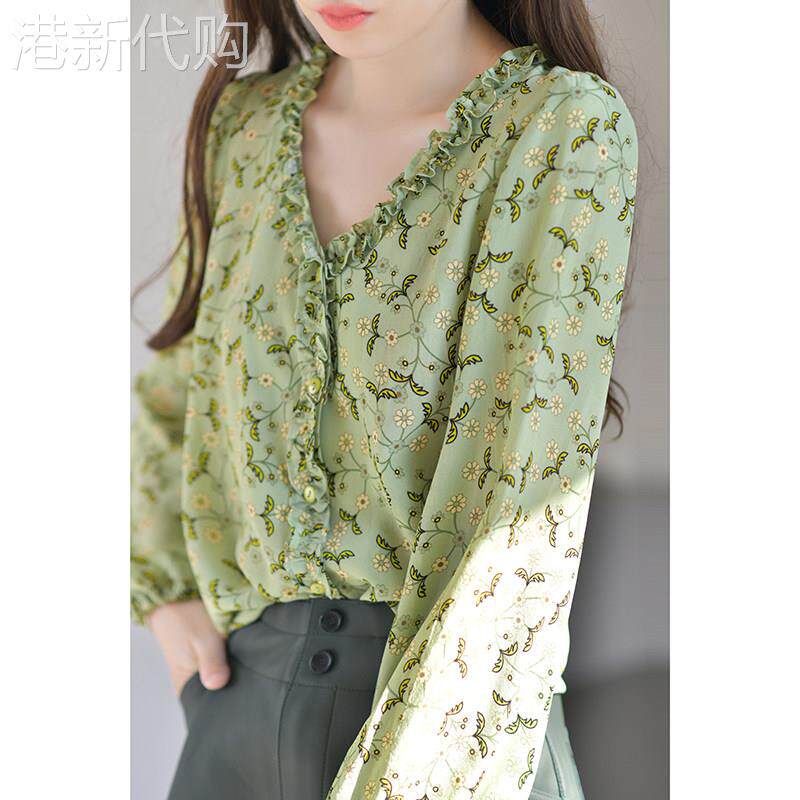 绿色碎花真丝上衣女桑蚕丝衬衫早春长袖V领设计感小众衬衫法式