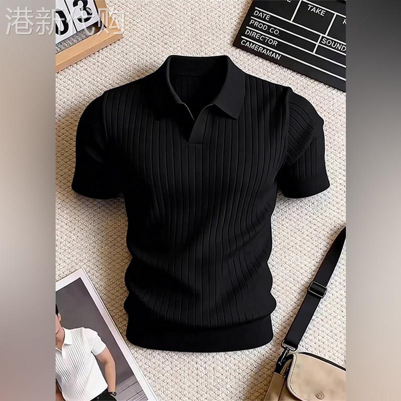 高端冰丝针织短袖polo衫男夏季弹力修身运动健身T恤美式收腰半袖