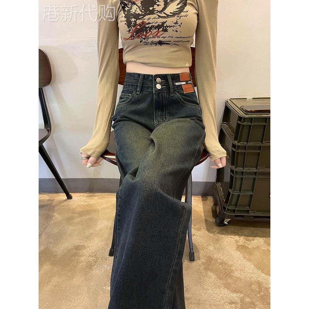 水泥灰窄版直筒裤女加绒春秋2025新款加厚垂感小个子阔腿牛仔裤女