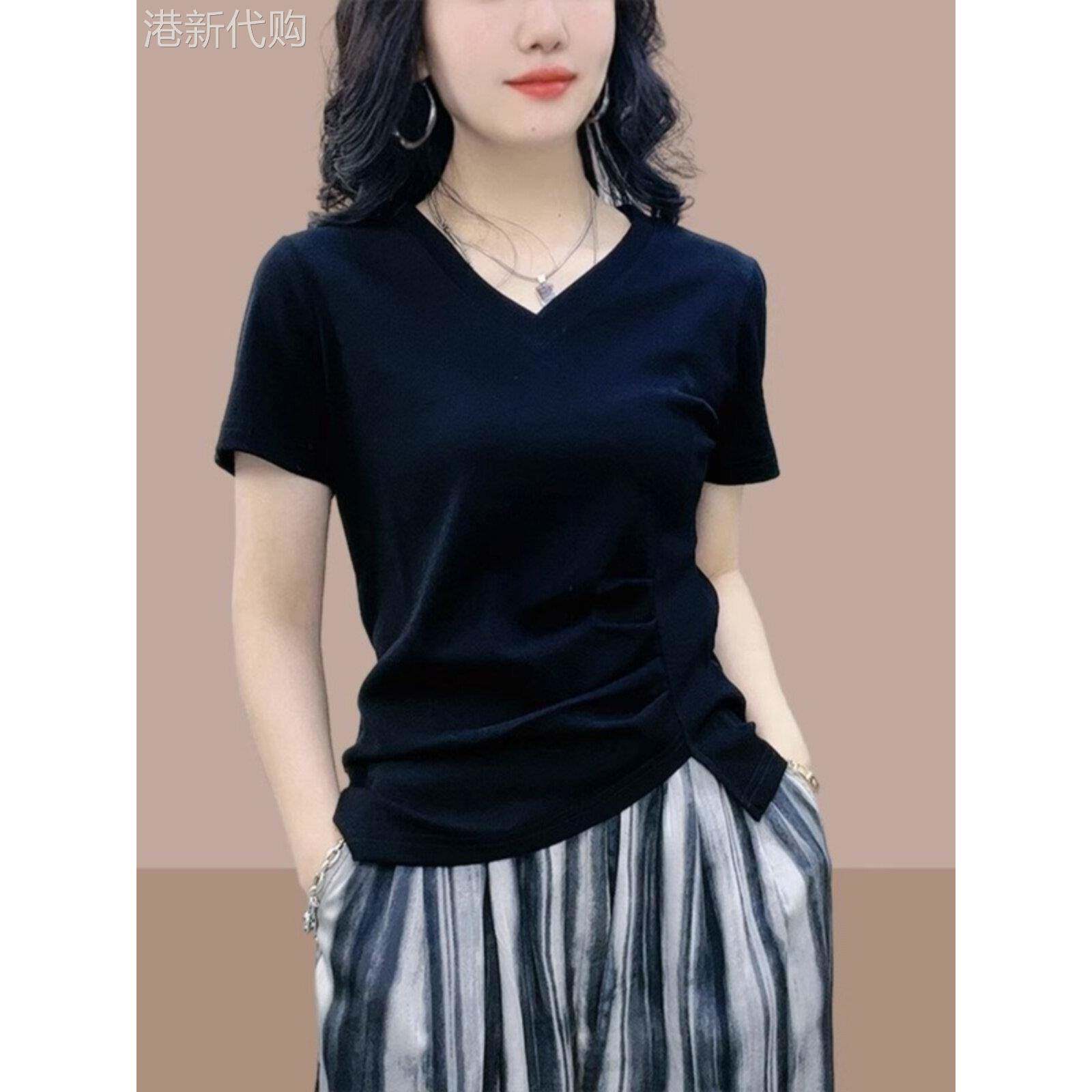 v领短袖t恤2025年夏季女性新款不对称上衣时尚风格减龄显瘦右肩t