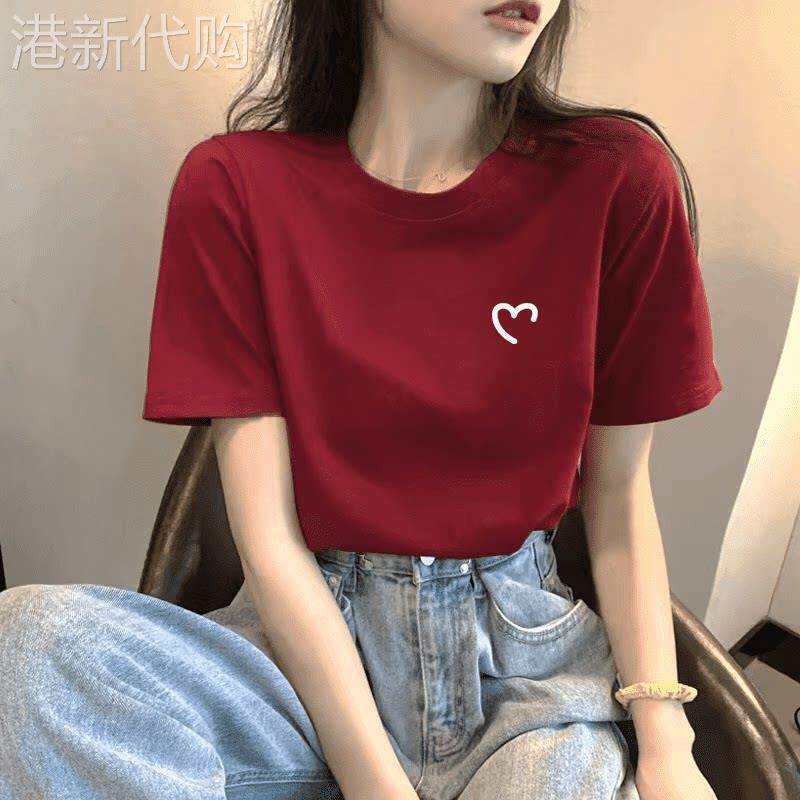 欧货夏季复古红色纯棉短袖t恤女2026新款百搭设计感小个子T恤潮