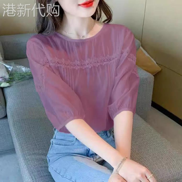 法式衬衫女士短袖夏季薄款2026新款设计感小众蕾丝小衫泡泡袖上衣