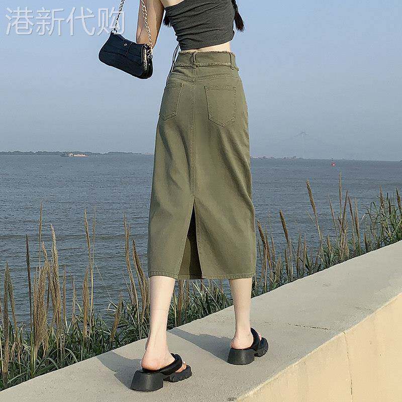 军绿色牛仔半身裙女夏季薄款2025新款中长款高腰a字开叉直筒半裙