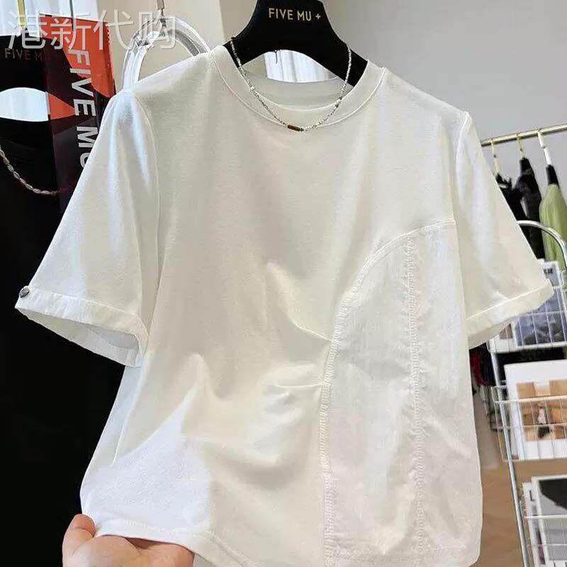 胖MM大尺码纯色褶皱短袖T恤女夏欧货宽松大版显瘦独特别致半袖