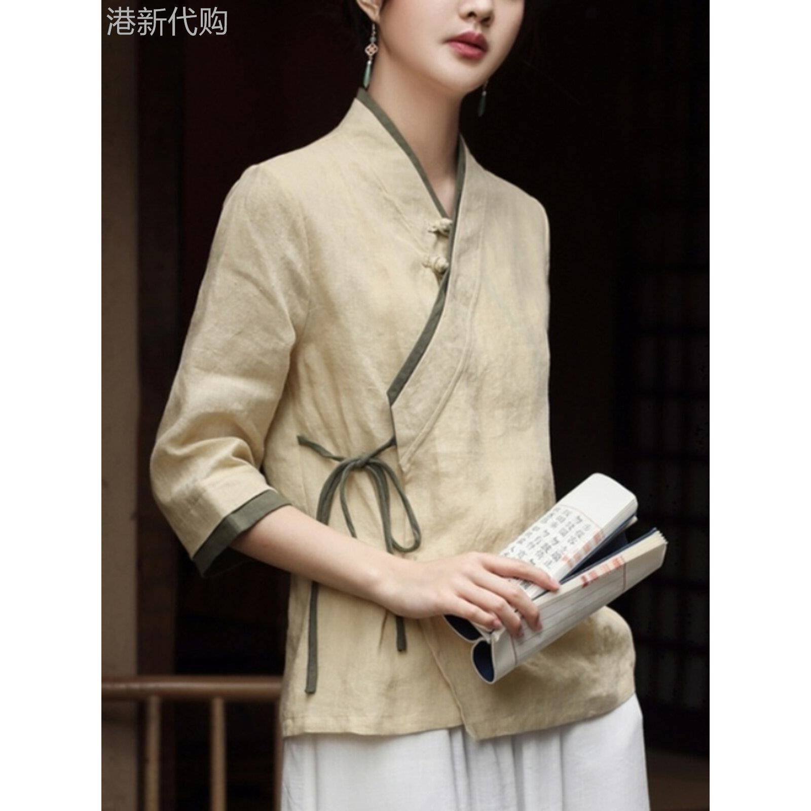 新中式上衣女夏季薄款2025新款国风覆古唐装改良斜襟禅意棉麻茶服