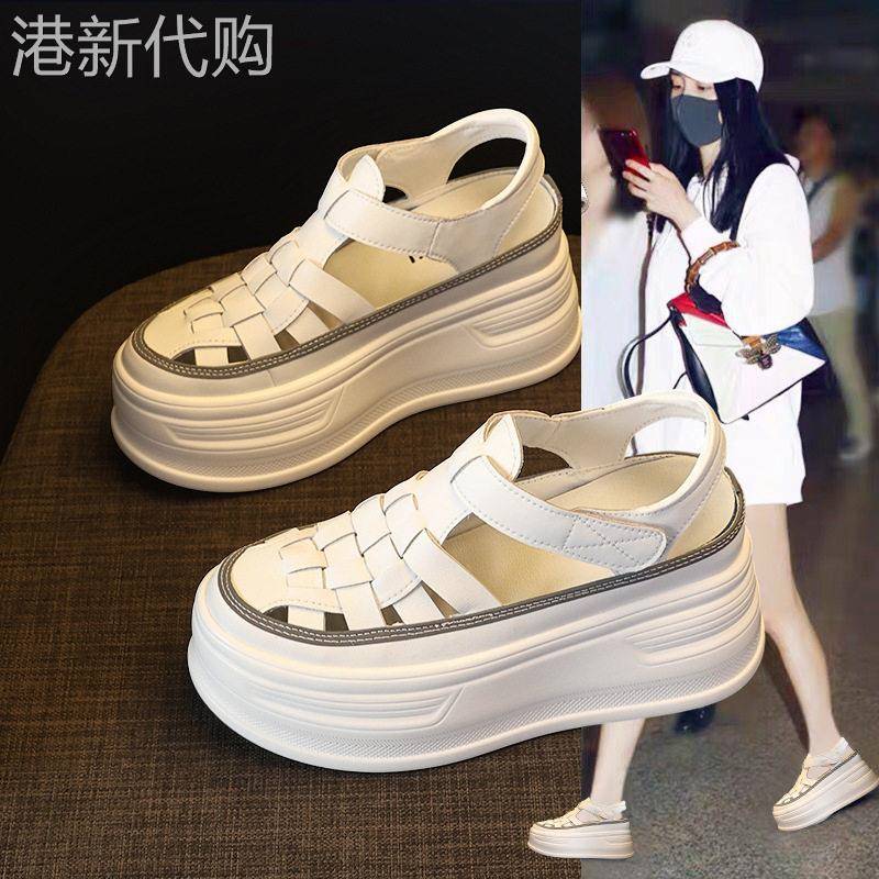 厚底凉鞋女2026夏季新款内增高8cm罗马编织透气魔术贴小白鞋百搭
