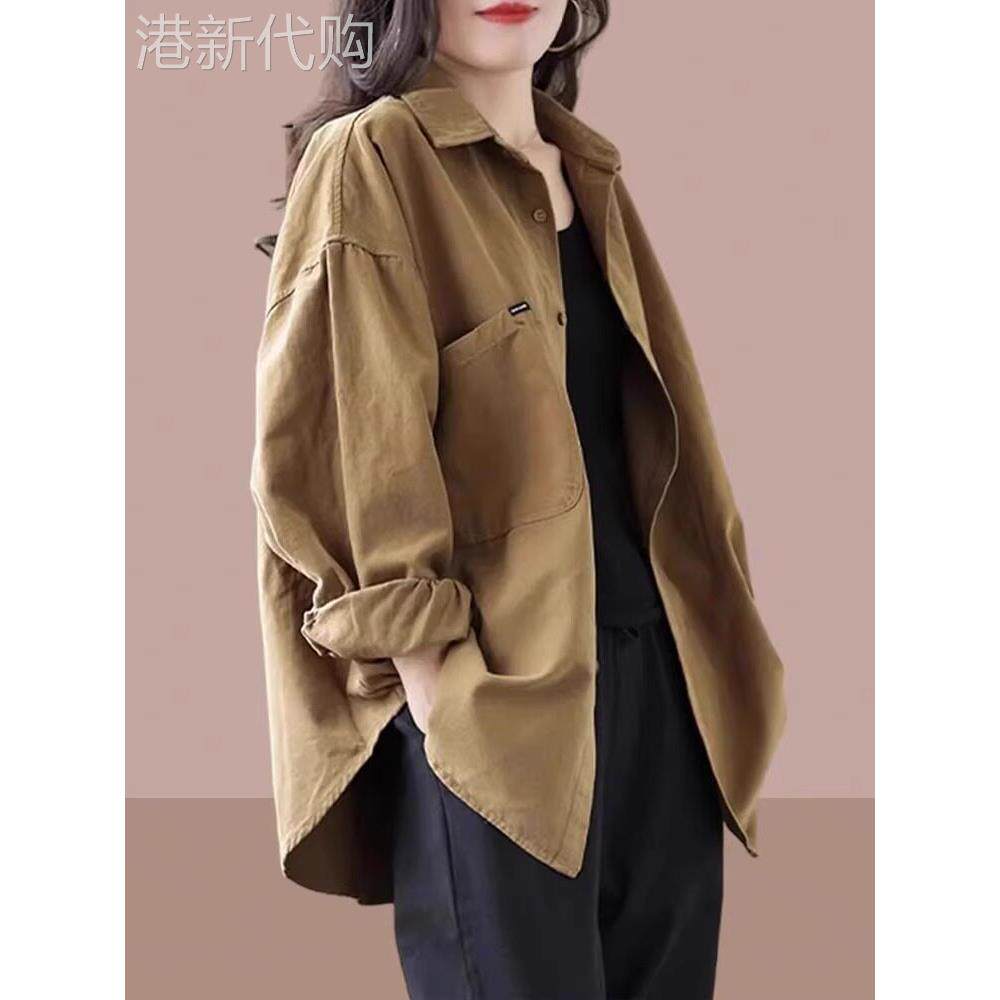 翻领长袖衬衫外套女春秋新款宽松大码时尚休闲百搭POLO领衬衣上衣