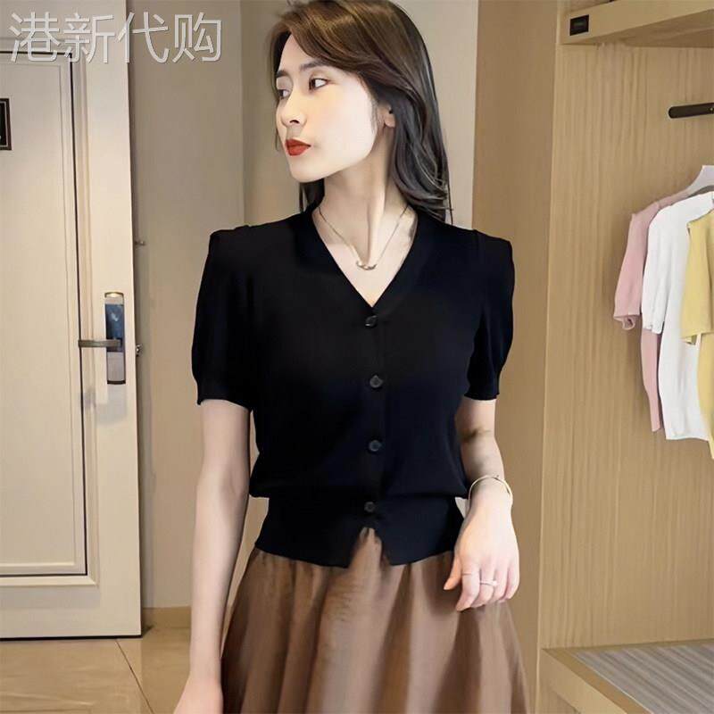 正肩短袖t恤女夏季2026新款韩版时尚修身百搭显瘦气质V领减龄上衣