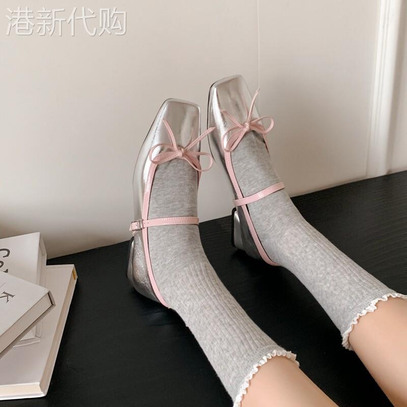 甜妹主场~仙女风韩版蝴蝶结玛丽珍鞋女银色小皮鞋配裙子单鞋方头