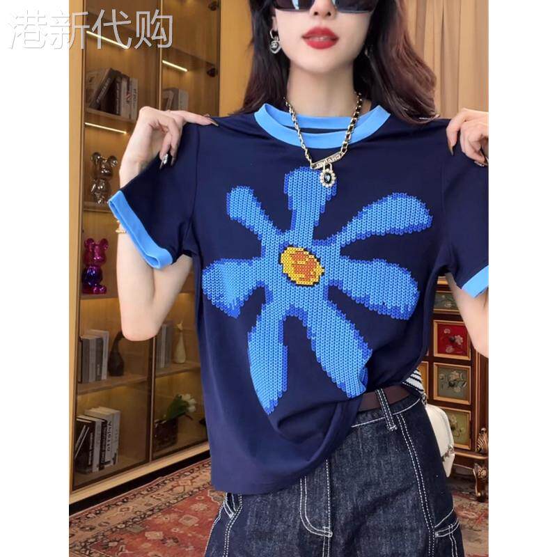 时尚印花短袖T恤女夏新款大码宽松显瘦洋气拼色减龄女士小衫上衣