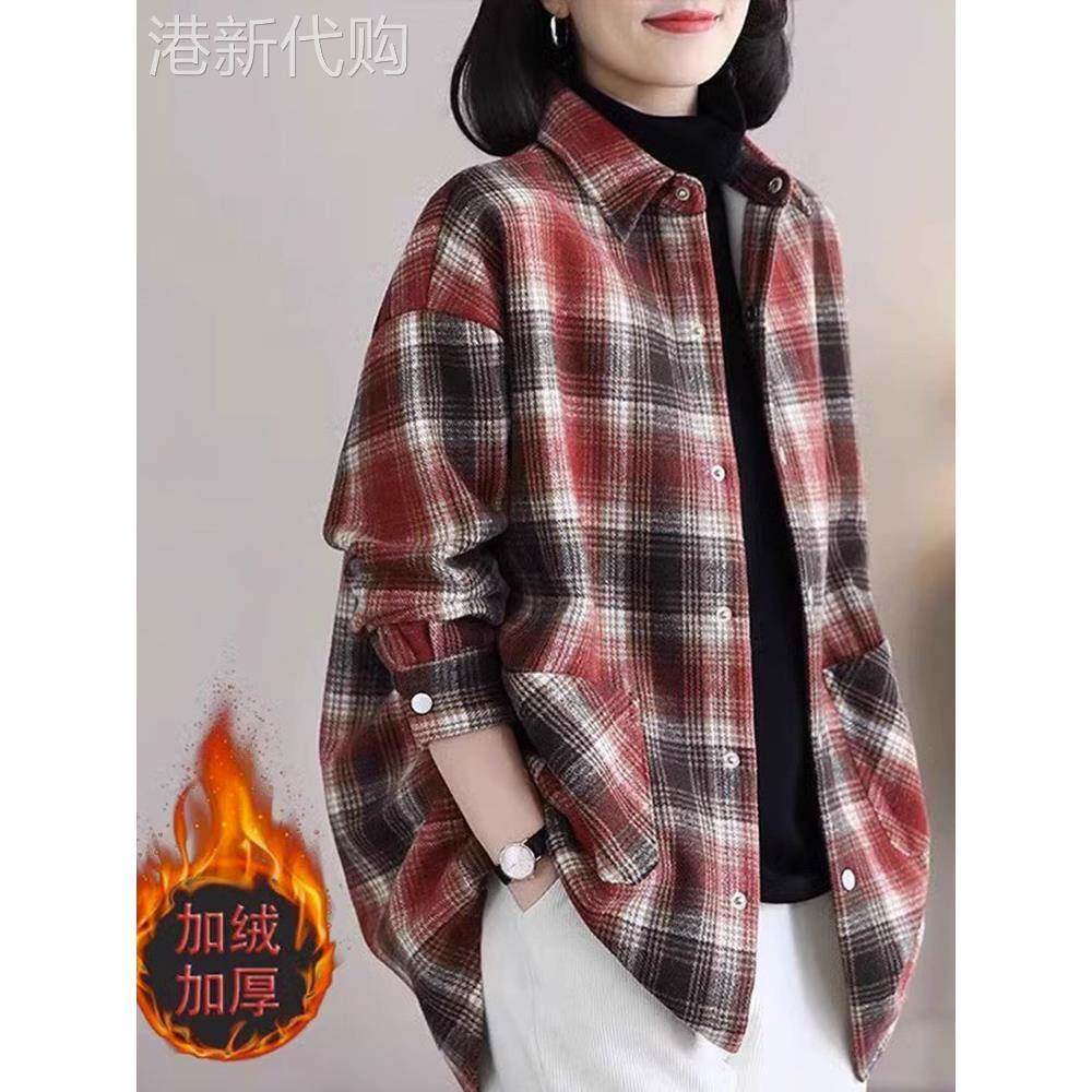 红色格子衬衫女装春秋新款覆古宽松上衣外套文艺翻领长袖大码衬衣