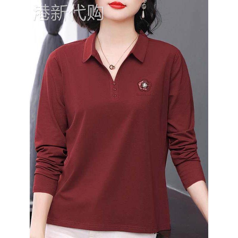 香港itst专柜纯棉长袖t恤女2025春秋新款翻领中老妈妈打底衫外穿