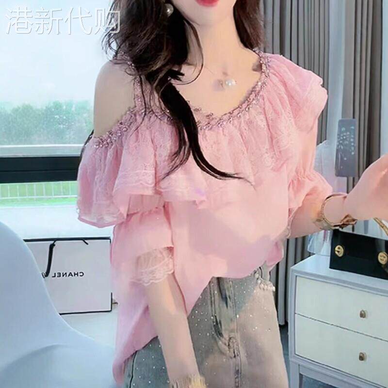重工镶钻短袖衬衫女夏季2026年新款设计感小众减龄露肩荷叶边上衣