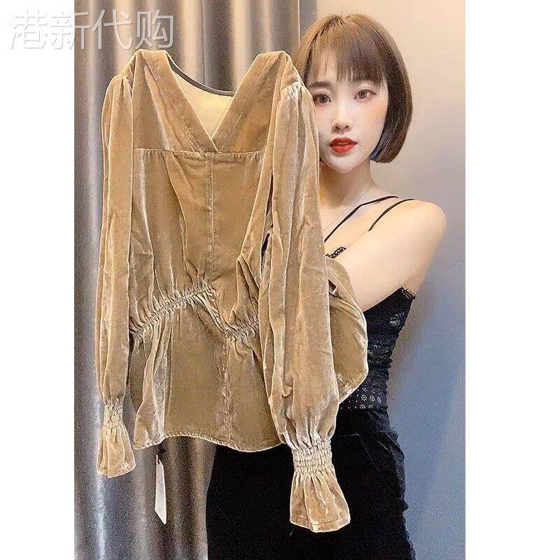 金丝绒上衣女春秋欧货爆款小衫V领内搭洋气收腰法式高级感打底衫