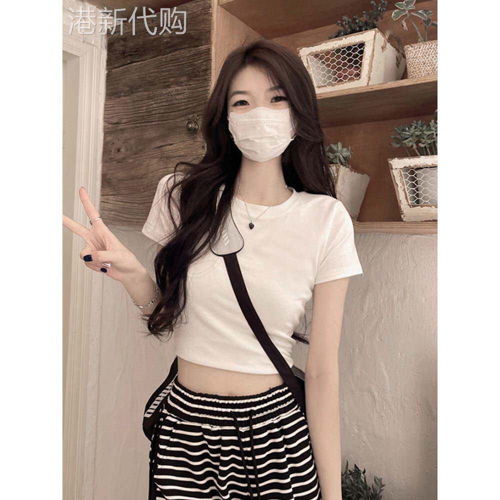 辣妹白色正肩短袖t恤女夏季紧身修身显瘦小个子高腰露脐短款上衣