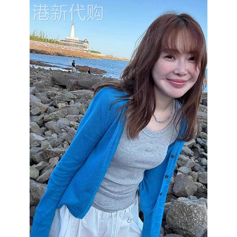 克莱因蓝色冰丝针织开衫防晒上衣女薄款春秋欧货披肩短款早秋外套