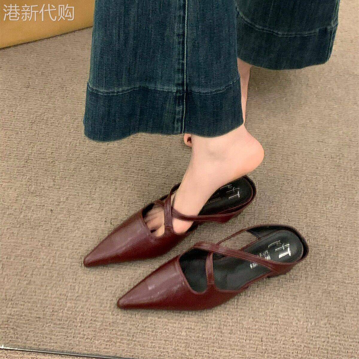 香港粗跟红色包头半拖鞋女鞋子外穿2026年新款春季玛丽珍半托单鞋