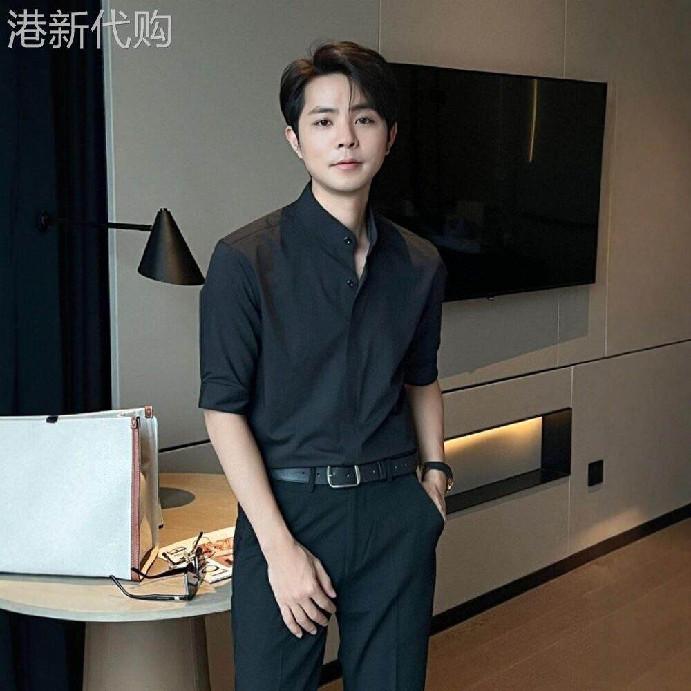 LL男装衬衫男2026新款春夏季新中式潮流雅痞立领五分袖高级感衬衣
