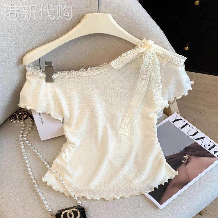 纯欲蕾丝花边斜肩短袖T恤女夏款蝴蝶结绑带针织衫韩系掐腰小上衣