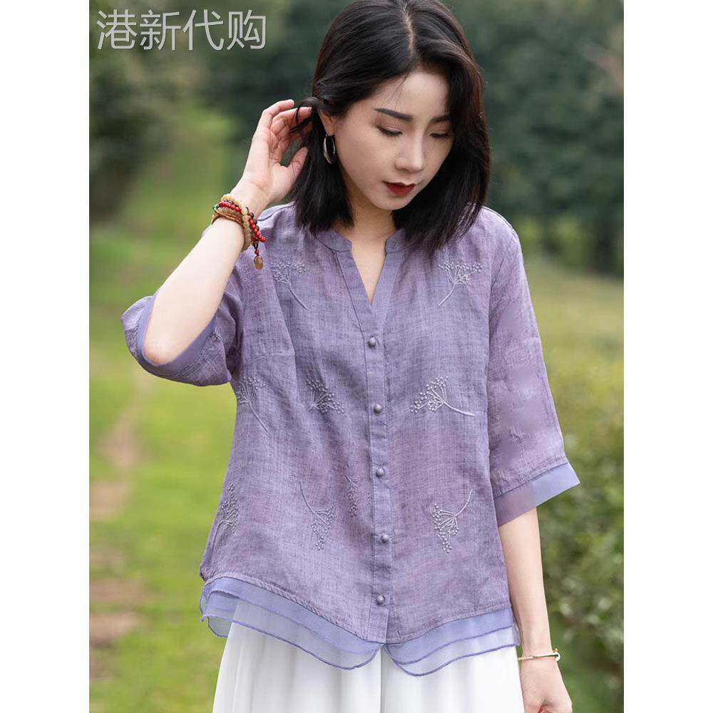 潮牌文艺苎麻满福绣衬衣V领女夏开衫宽松纯色欧根纱拼接短袖上衣