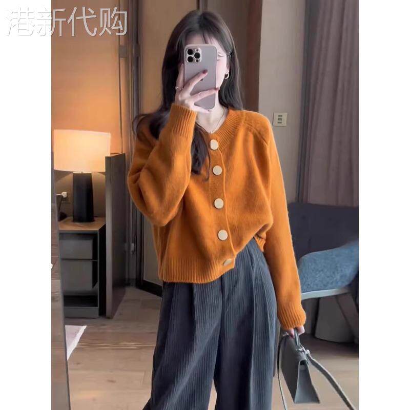 橘色软糯开衫毛衣女秋冬法式气质大码微胖mm宽松显瘦针织外套上衣