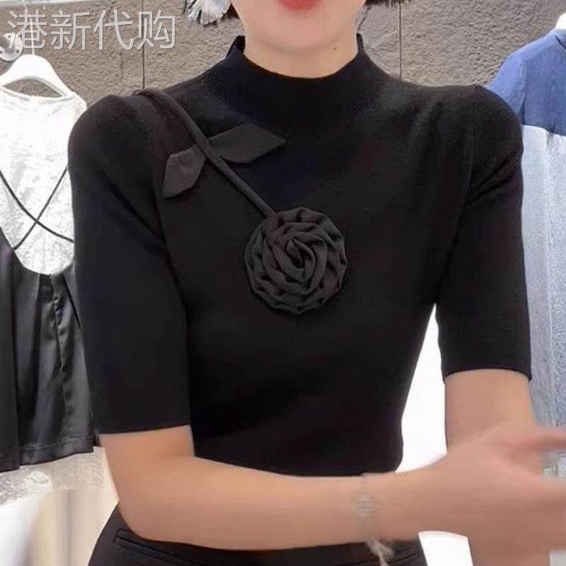 超火黑色半高领玫瑰刺绣针织衫女士夏季欧货设计小众小衫修身上衣