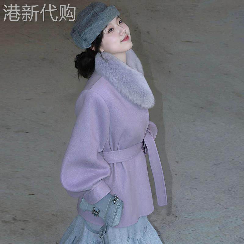 毛毛领紫色双面羊毛呢子大衣女春高级感中长款独特超好看毛呢外套