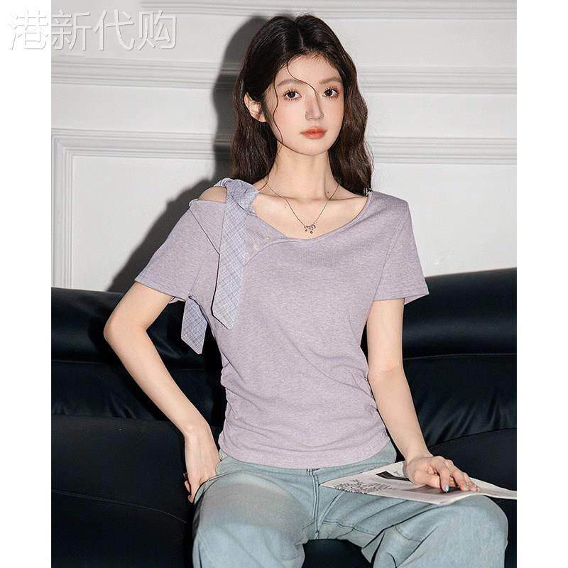 法式绑带不规则短袖T恤女夏季2026新款露肩修身短款设计感上衣女