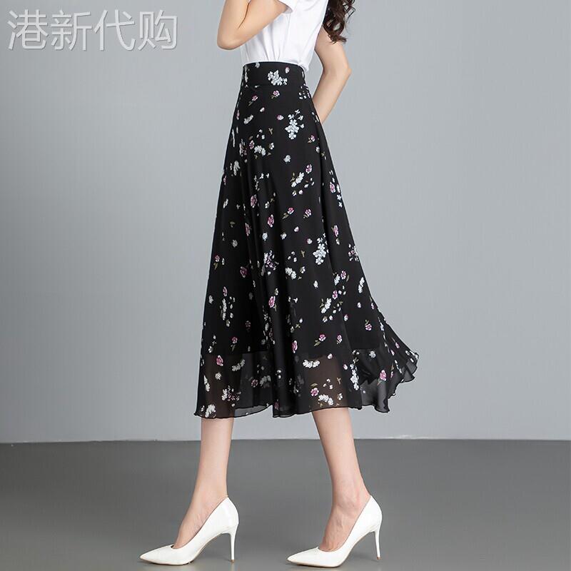雪纺半身裙女夏季新款印花薄款中长版高腰过膝A字气质显瘦大摆裙
