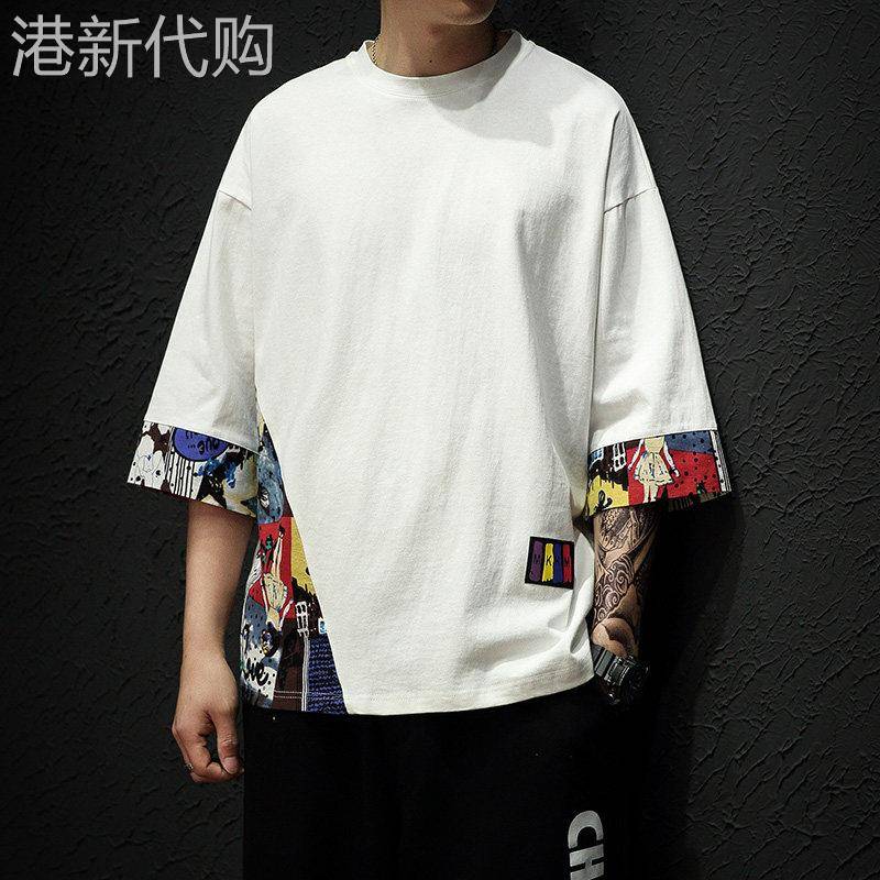 夏季中国风7分短袖男潮牌日系潮流宽松大尺码t恤男士纯棉七分袖上