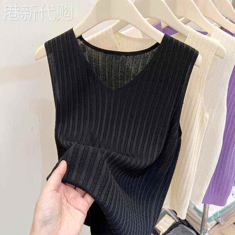 韩国夏季吊带背心女内搭时尚黑白色v领针织无袖纯色修身外穿上衣