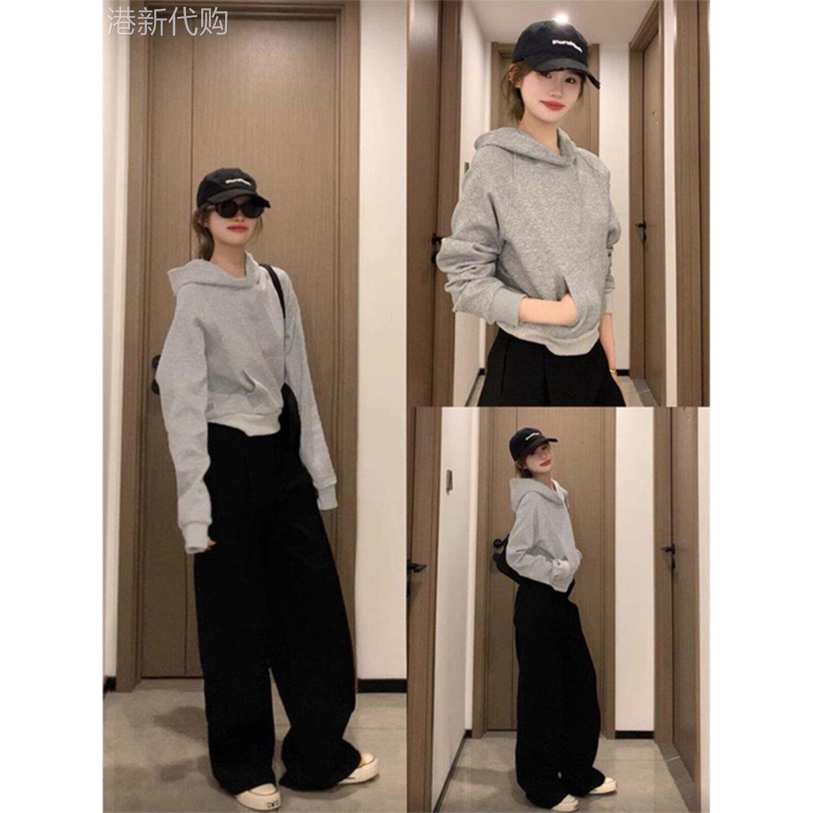 连帽卫衣女士2025春秋新款灰色帽衫加绒加厚外套小个子短款上衣