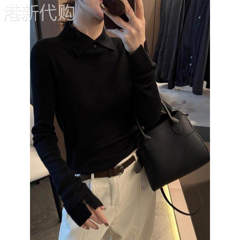 黑色翻领针织打底衫女2026春秋季新款内搭轻奢高级感气质正肩上衣