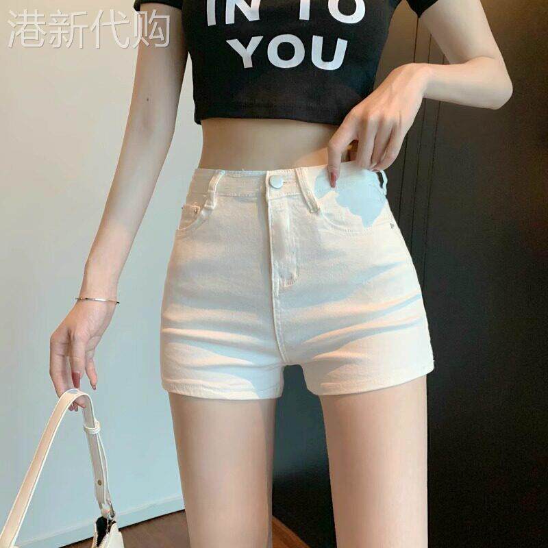 韩国白色牛仔短裤女夏薄款高腰弹力打底裤小个子辣妹性感包臀a字.