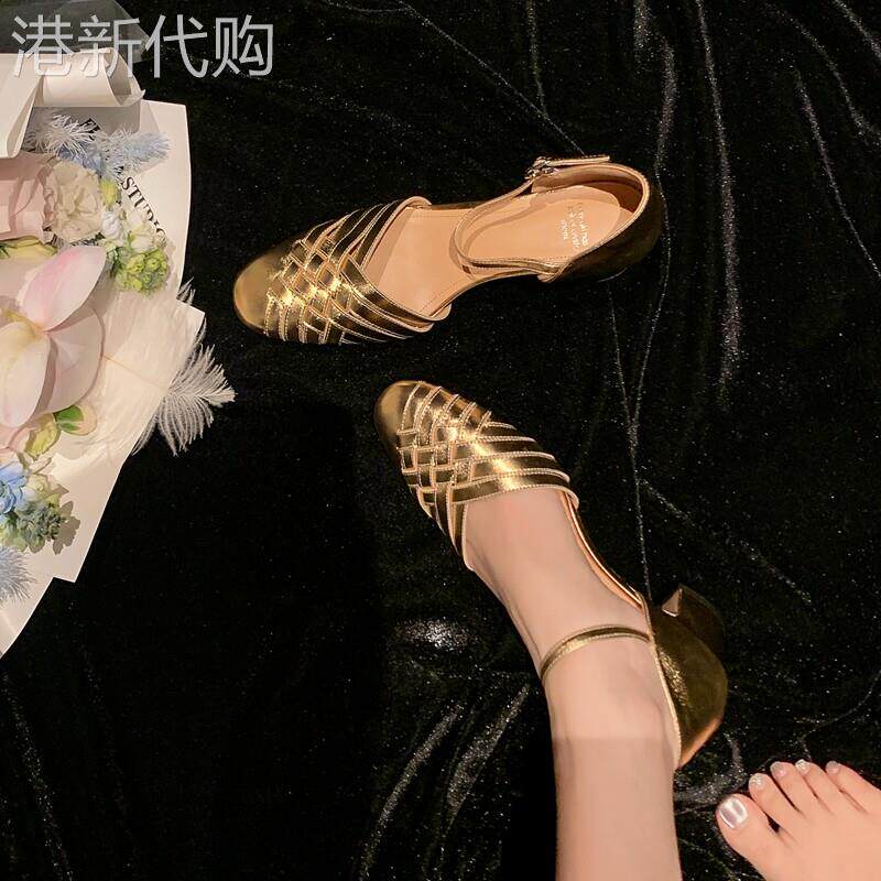 蒂凡尼！文艺仙女风编织包头凉鞋夏新款粗跟不累脚女鞋精致小金鞋