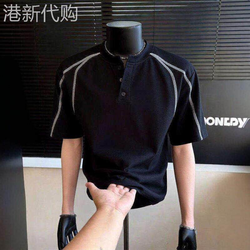 LL男装美式黑色短袖T恤男夏季重磅亨利领正肩明线设计感半袖体恤