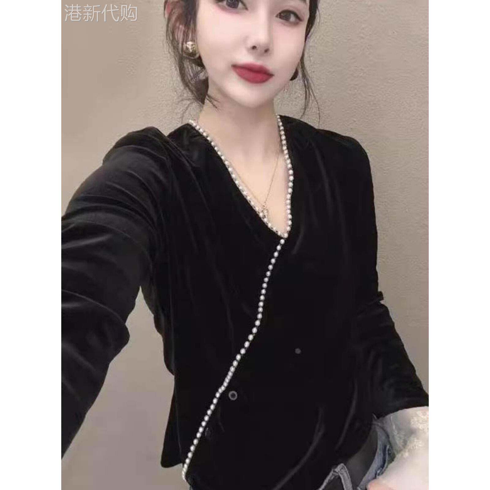 V领丝绒打底衫女春秋穿搭高级感时尚洋气蕾丝拼接钉珠长袖T恤上衣