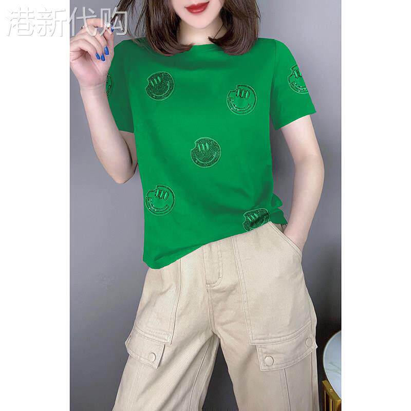 绿色短袖t恤女夏季2026年新款洋派宽松圆领刺绣设计感短款上衣潮