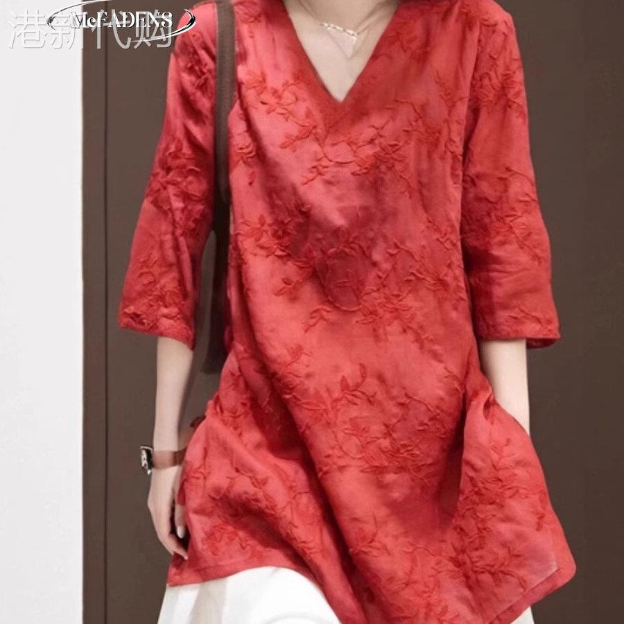 香港欧洲站刺绣棉麻中长版衬衫女夏季覆古盘扣开 叉苎麻妈妈装上