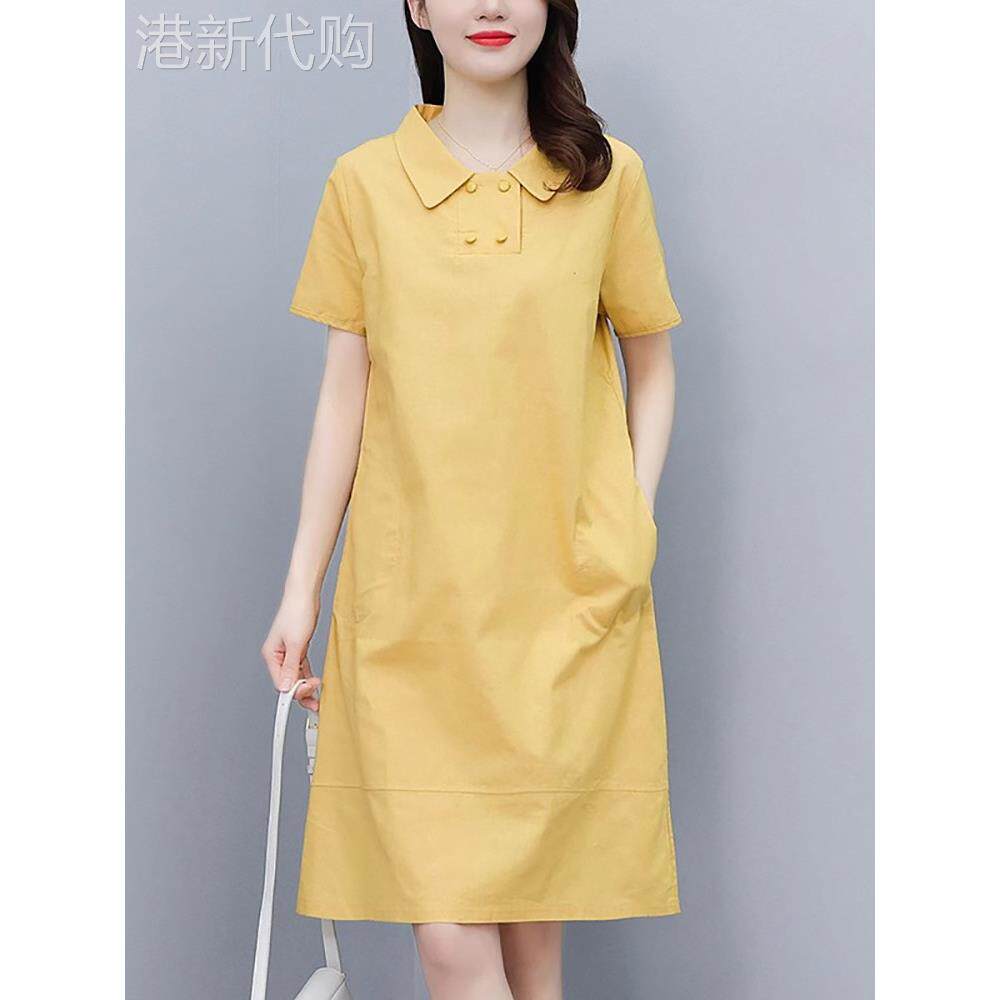 2025夏季潮牌棉麻连衣裙女中长款宽松显瘦直筒休闲polo领亚麻裙子
