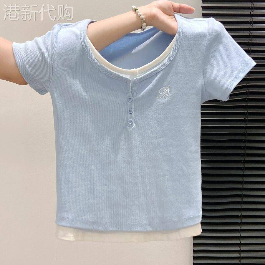专柜蓝色假两件短袖T恤女夏季爆款撞色拼接修身显瘦正肩短款上衣