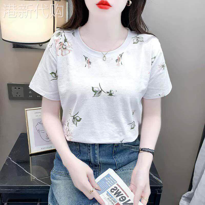 夏季欧货白色T恤女ins宽松时尚印花百搭薄款短袖女款休闲上衣百搭