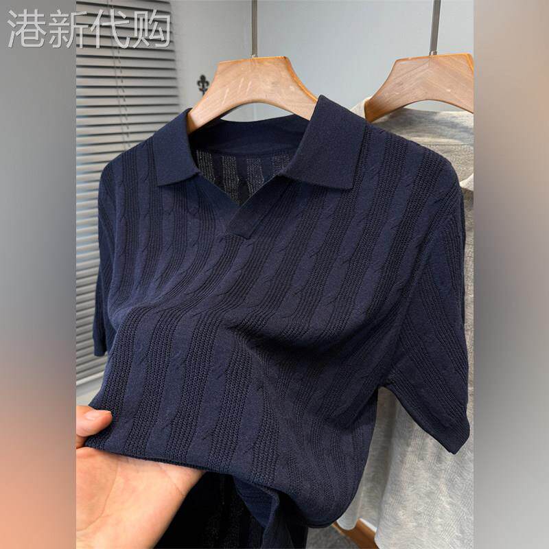 轻奢麻花针织衫男半截袖夏季2026新款青年海鸥领T恤男短袖polo衫