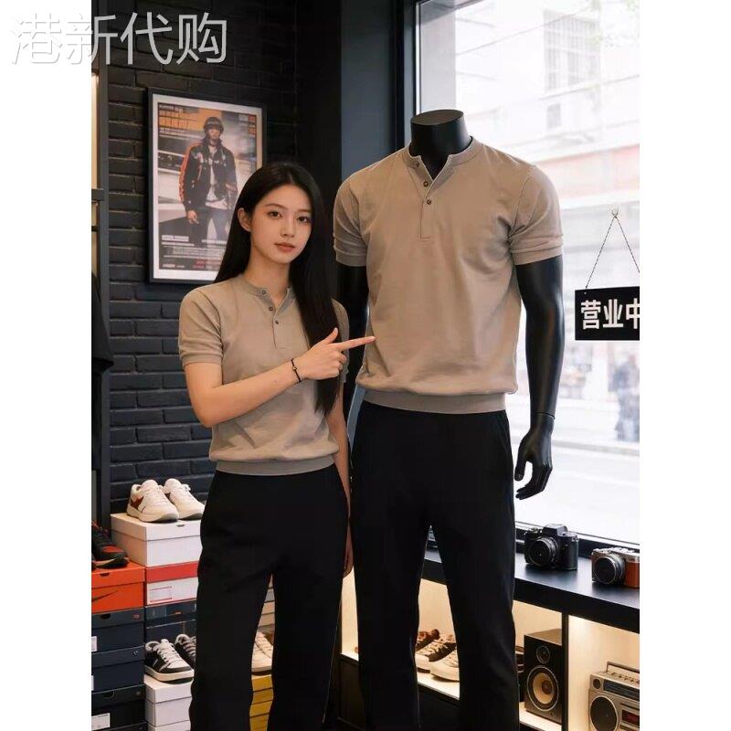 灰色亨利领短袖polo衫男士夏季美式潮牌收袖口健身显肌肉运动t恤