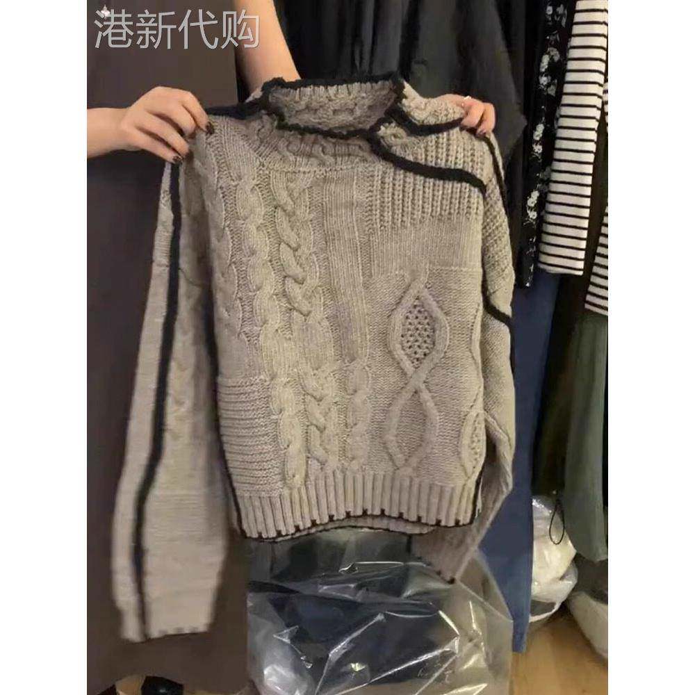 潮牌高级感麻花套头毛衣女秋冬加厚日系覆古慵懒风针织衫上衣chic