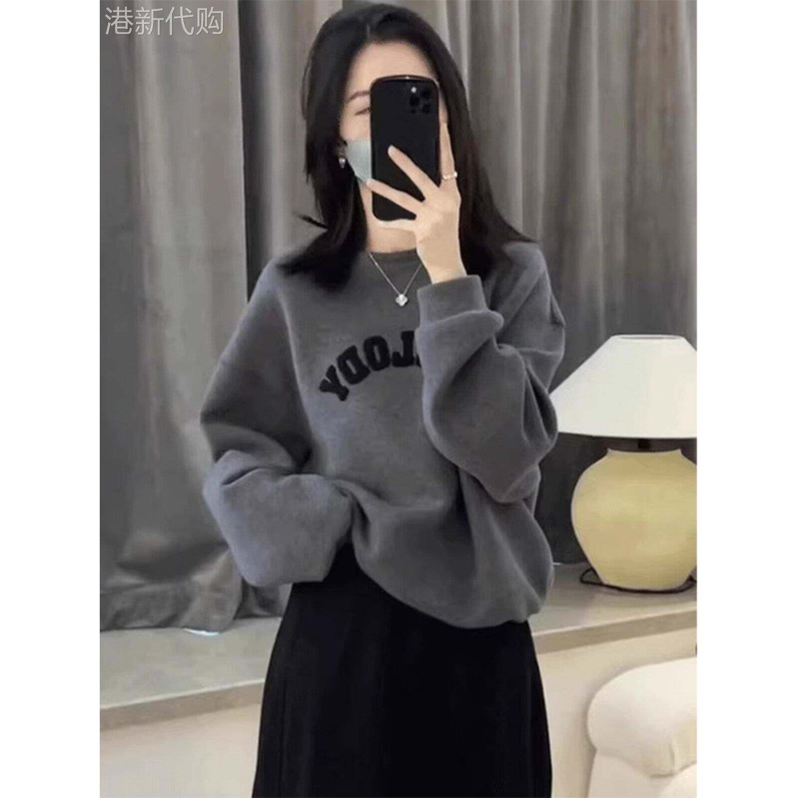 灰色圆领卫衣女2025春秋新款慵懒风印花宽松显瘦休闲长袖套头上衣