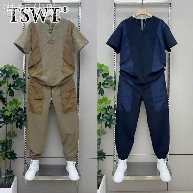 高端休闲套装男款夏季潮牌户外拼接工装短袖T恤束脚裤男士两件套